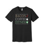 Bacon Coffee Fitness graphic on a black Bella+Canvas 3001 tee