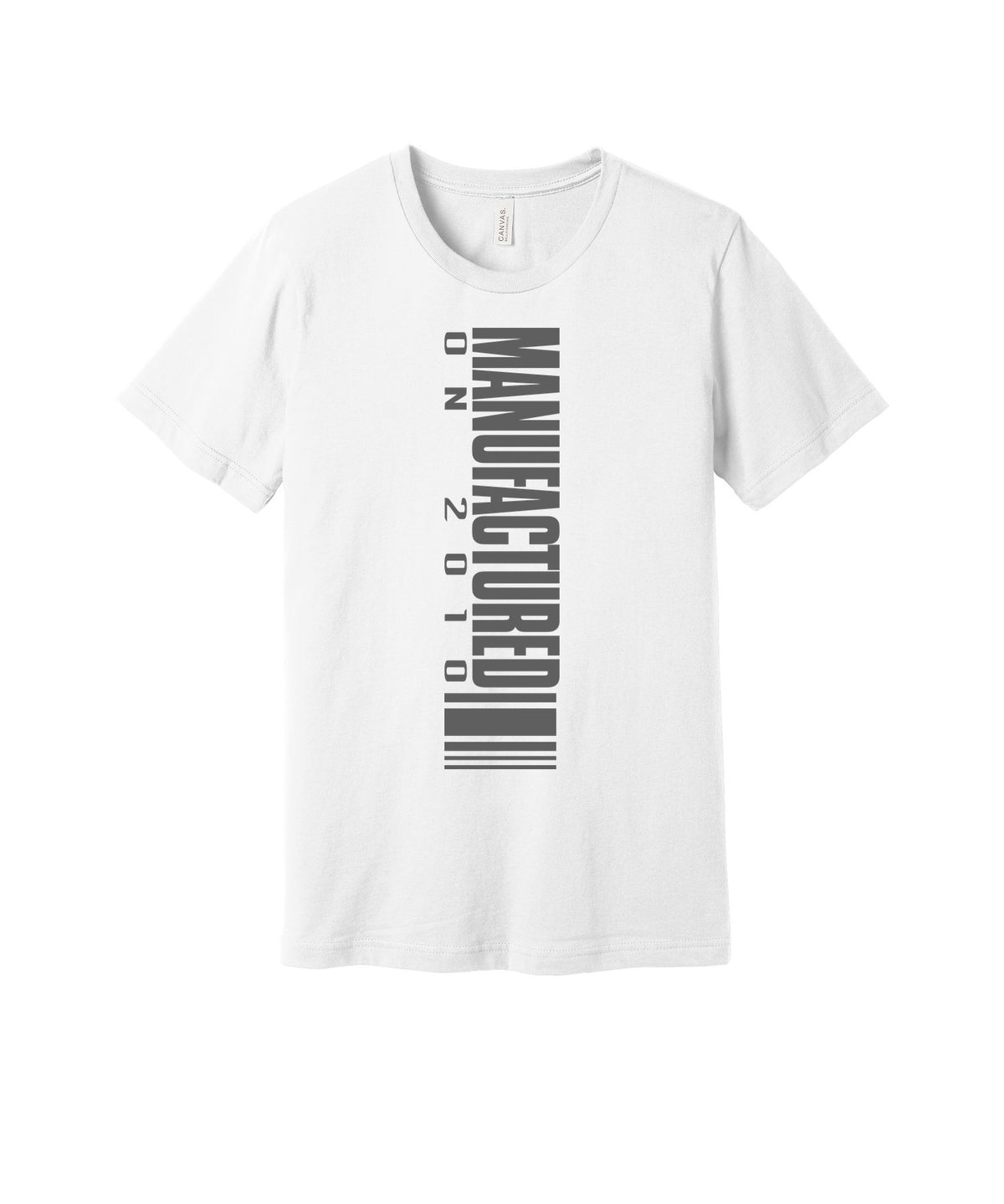 Manufactured in 2010 graphic on a white Bella+Canvas 3001 tee