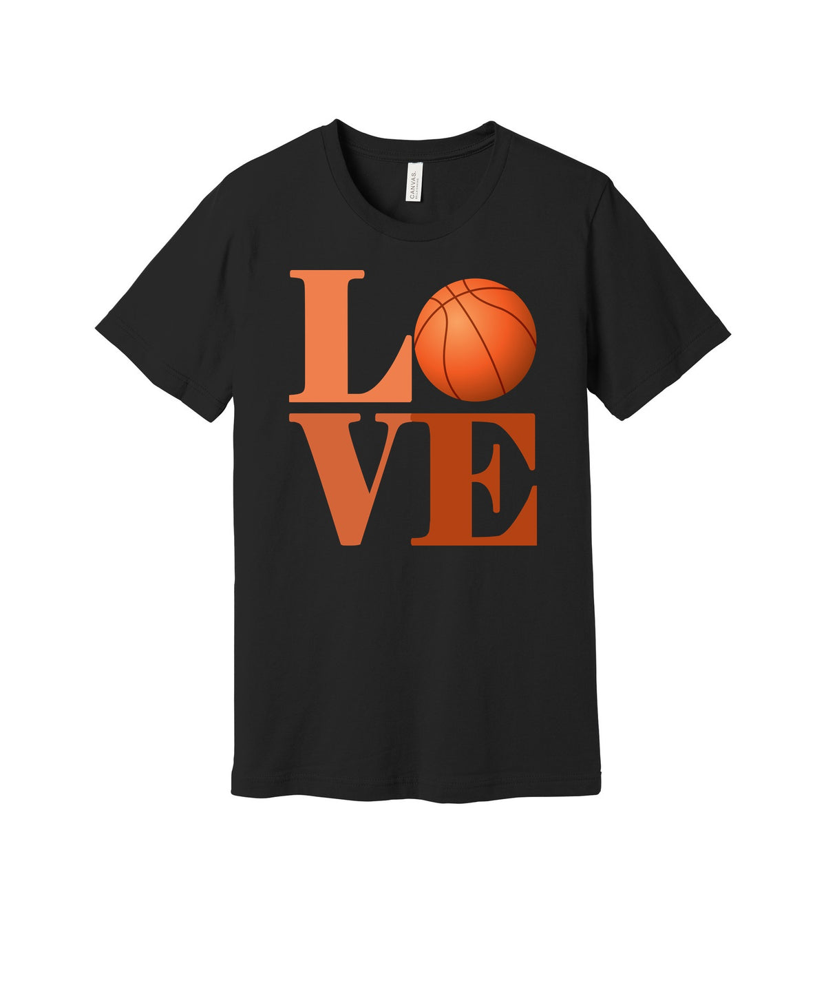 Basketball Love graphic on a black Bella+Canvas 3001 tee