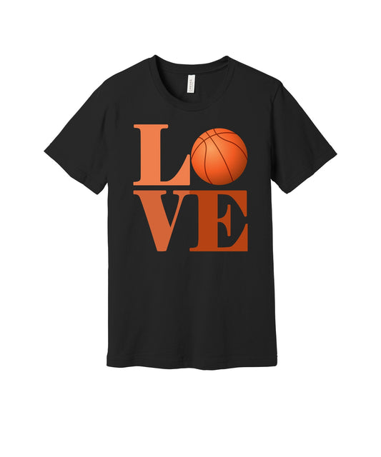 Basketball Love graphic on a black Bella+Canvas 3001 tee