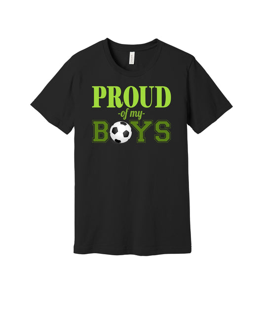 Proud of My Soccer Boys graphic on a black Bella+Canvas 3001 tee