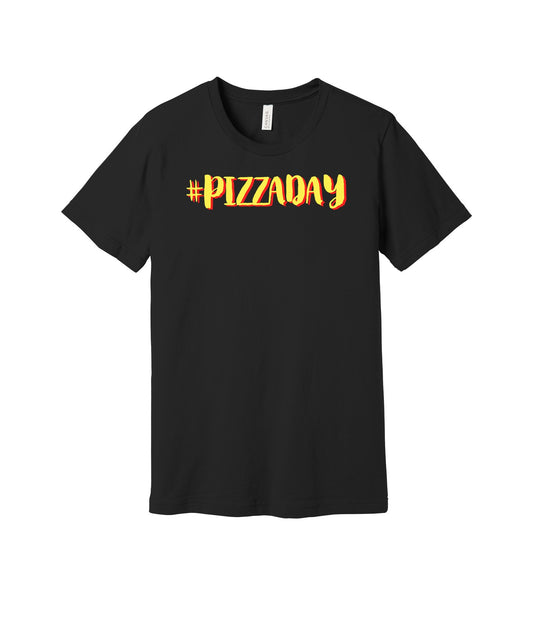 Pizza Day graphic on a black Bella+Canvas 3001 tee