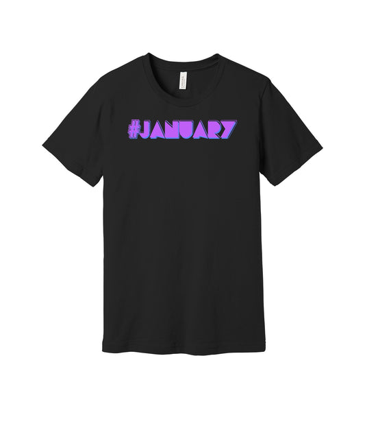 January Hashtag graphic on a black Bella+Canvas 3001 tee