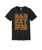 Basketball Flows Through My Veins graphic on a black Bella+Canvas 3001 tee