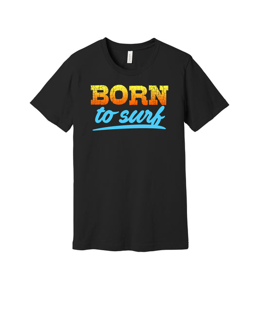 Born to Surf graphic on a black Bella+Canvas 3001 tee