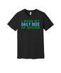 Daily Dose of Soccer graphic on a black Bella+Canvas 3001 tee