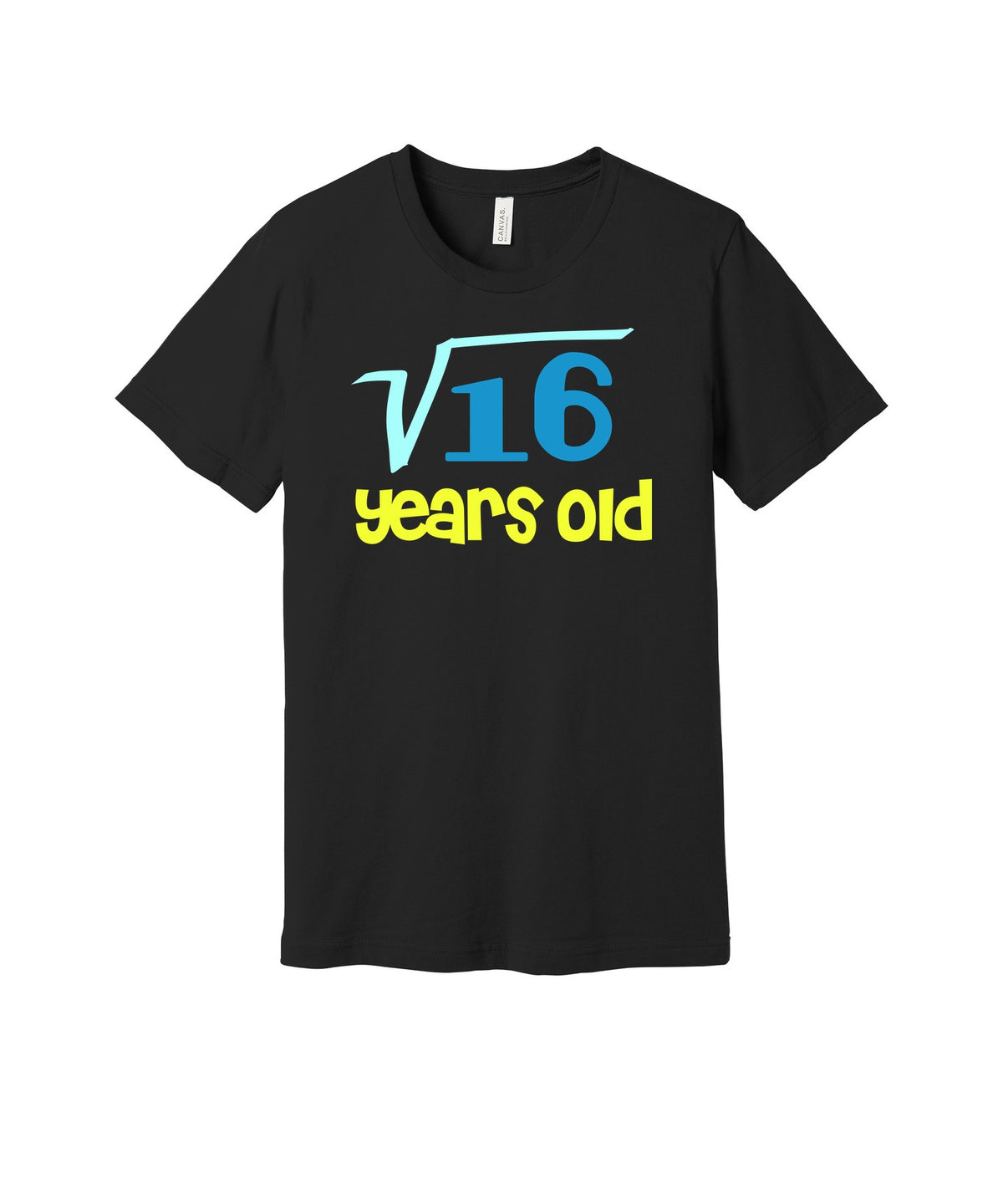Square Root of Sixteen Years Old graphic on a black Bella+Canvas 3001 tee
