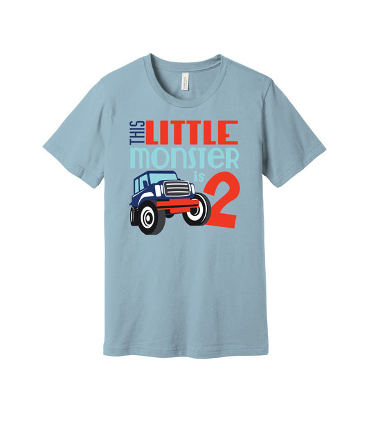 Little Monster Is Two graphic on a light blue Bella+Canvas 3001 tee