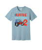 Little Monster Is Two graphic on a light blue Bella+Canvas 3001 tee