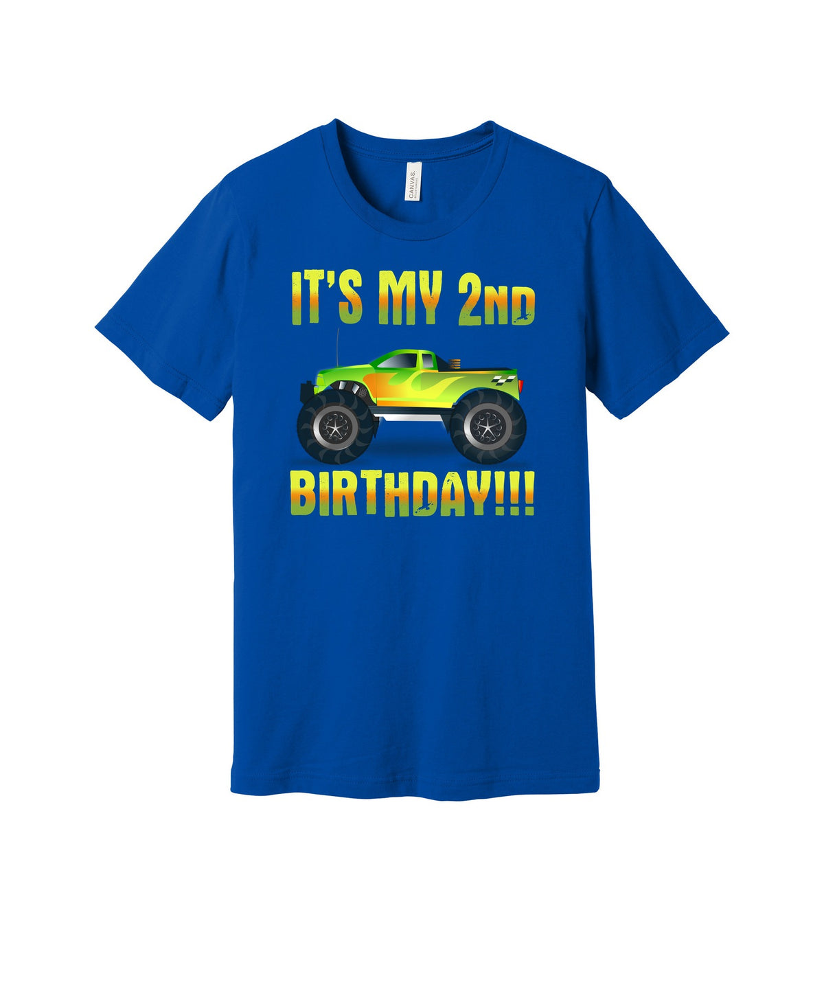 Second Birthday Monster Truck graphic on a true royal Bella+Canvas 3001 tee