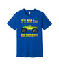Second Birthday Monster Truck graphic on a true royal Bella+Canvas 3001 tee