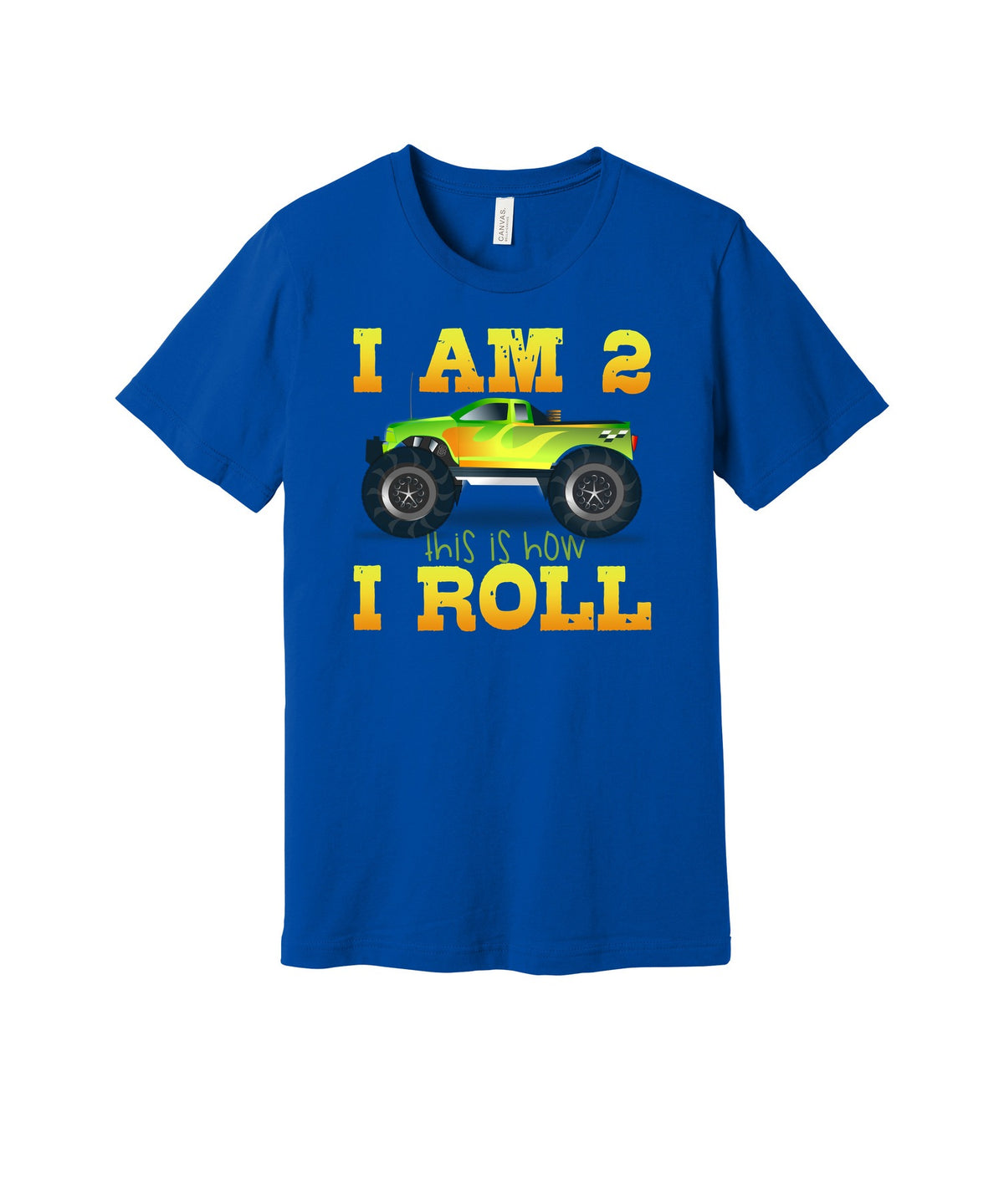 I'm Two This Is How I Roll graphic on a true royal Bella+Canvas 3001 tee