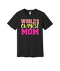 World's Okayest Mom graphic on a black Bella+Canvas 3001 tee
