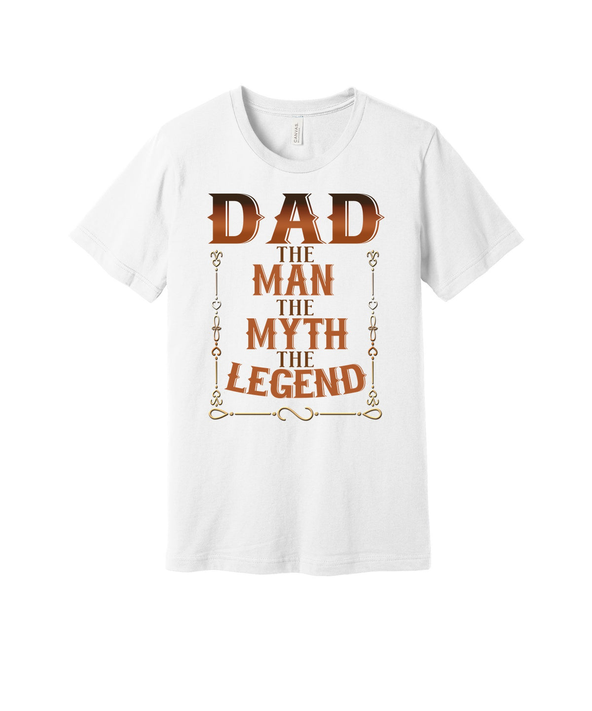 Dad the Legend Ornate graphic on a white Bella+Canvas 3001 tee
