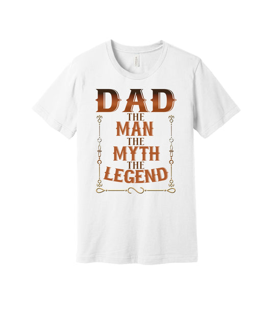 Dad the Legend Ornate graphic on a white Bella+Canvas 3001 tee