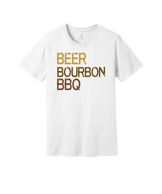Beer Bourbon BBQ graphic on a white Bella+Canvas 3001 tee