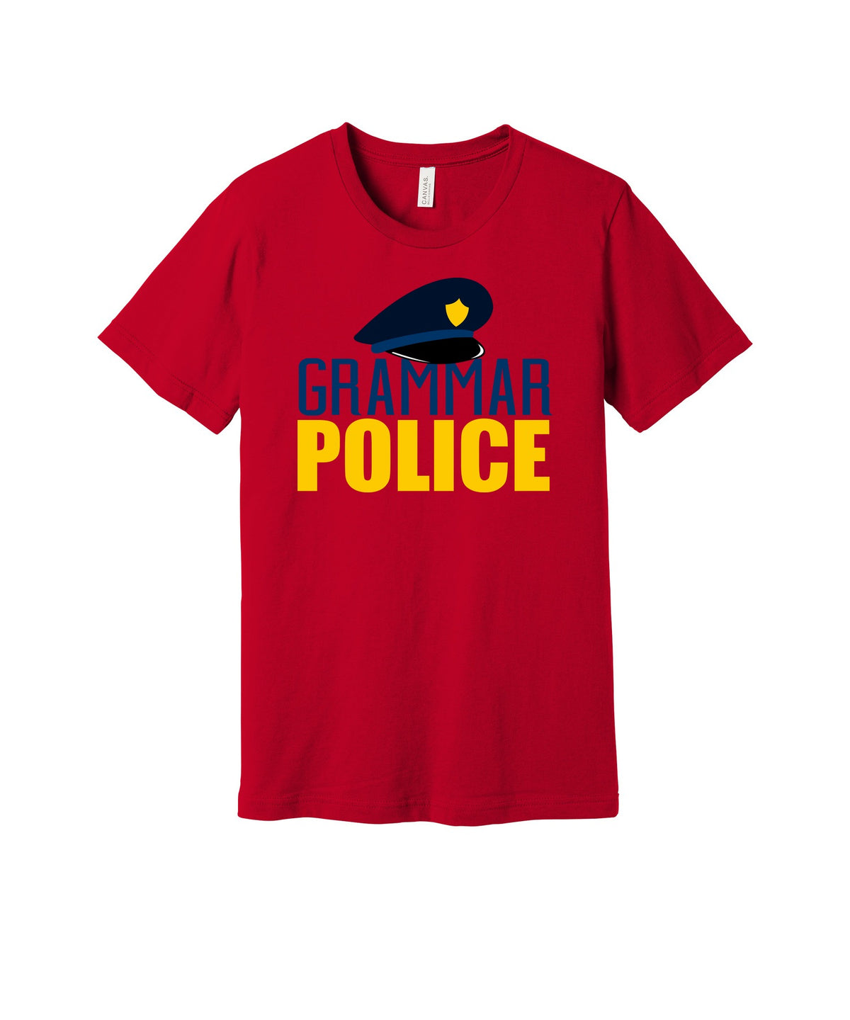 Grammar Police graphic on a red Bella+Canvas 3001 tee