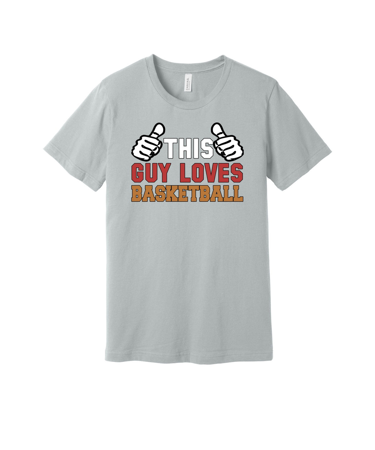 This Guy Loves Basketball graphic on a solid athletic gray Bella+Canvas 3001 tee