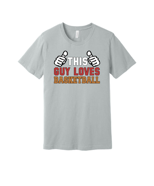 This Guy Loves Basketball graphic on a solid athletic gray Bella+Canvas 3001 tee