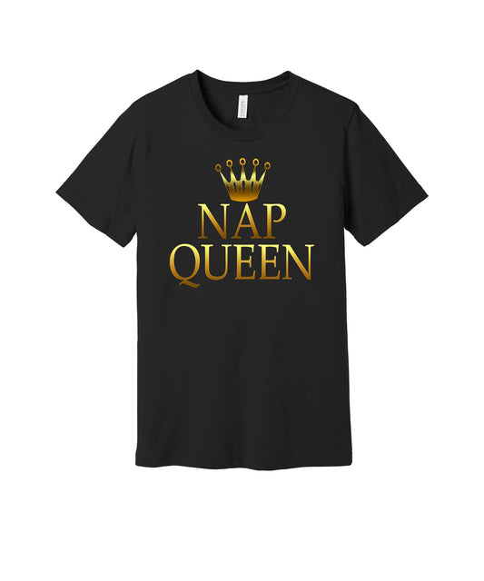 Nap Queen graphic on a black Bella+Canvas 3001 tee