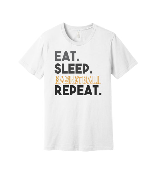 Eat Sleep Basketball Repeat graphic on a white Bella+Canvas 3001 tee