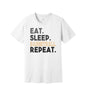 Eat Sleep Basketball Repeat graphic on a white Bella+Canvas 3001 tee