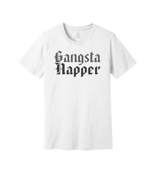 Gangsta Napper graphic on a white Bella+Canvas 3001 tee