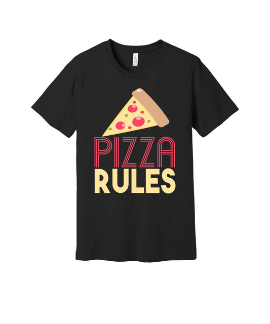 Pizza Rules graphic on a black Bella+Canvas 3001 tee