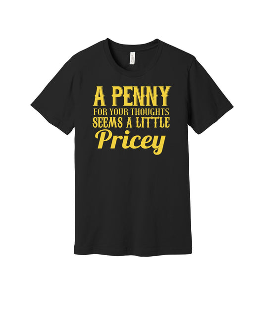 A Penny for Your Thoughts graphic on a black Bella+Canvas 3001 tee