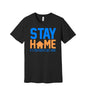Stay Home It's Too Peopley graphic on a black Bella+Canvas 3001 tee